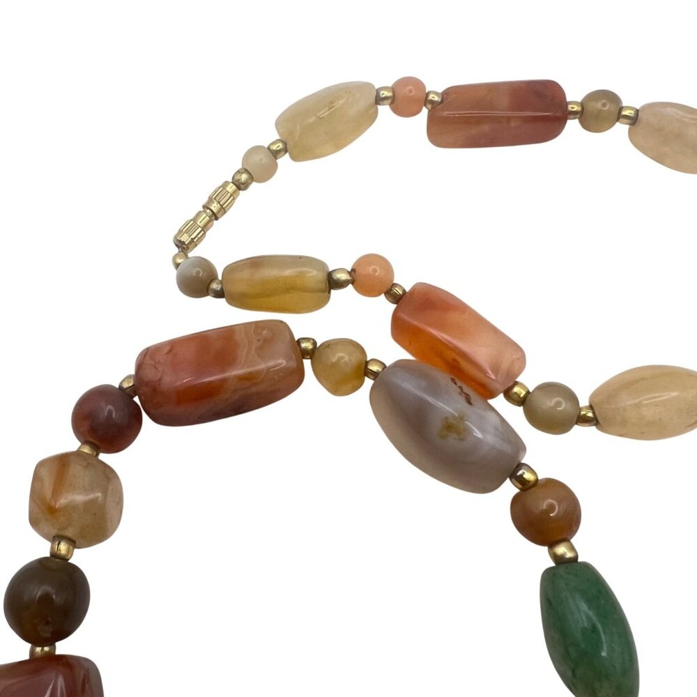 Multicolor Carnelian Agate Beaded Necklace 33" Gold-Tone Barrel Earthy Boho - Picture 10 of 14